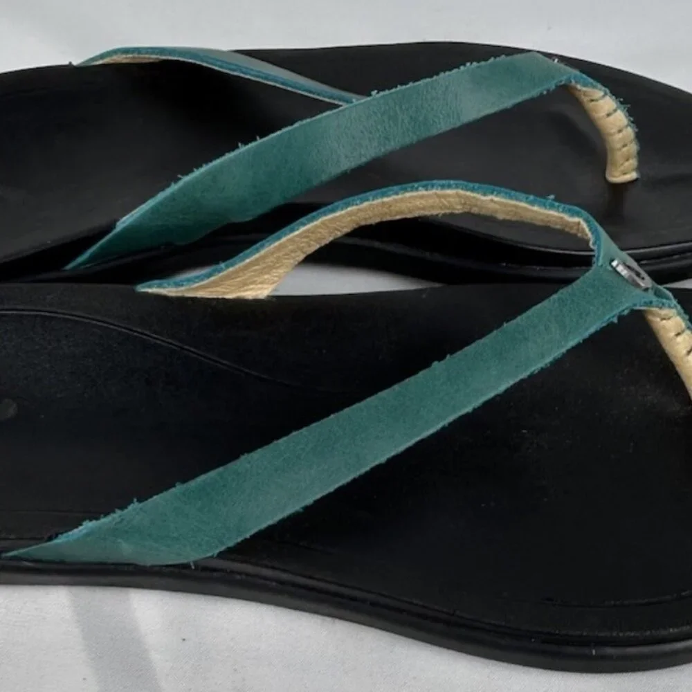 Olukai Ho'Opio Turquoise Black Leather Flip Flops Thongs Sandals Womens 7 - Picture 2 of 5